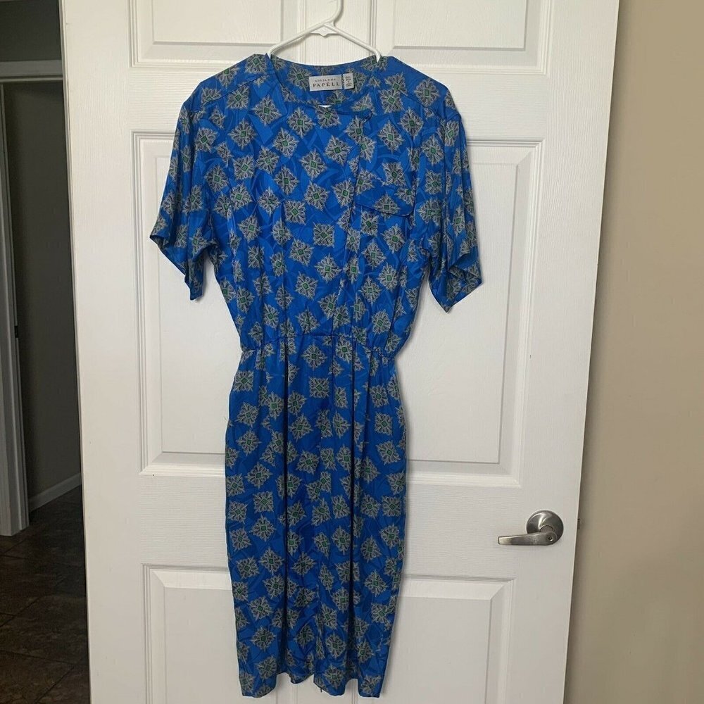 Adrianna Papell Size 6 Blue Dress Thai Design Short Sleeve Silk Vintage